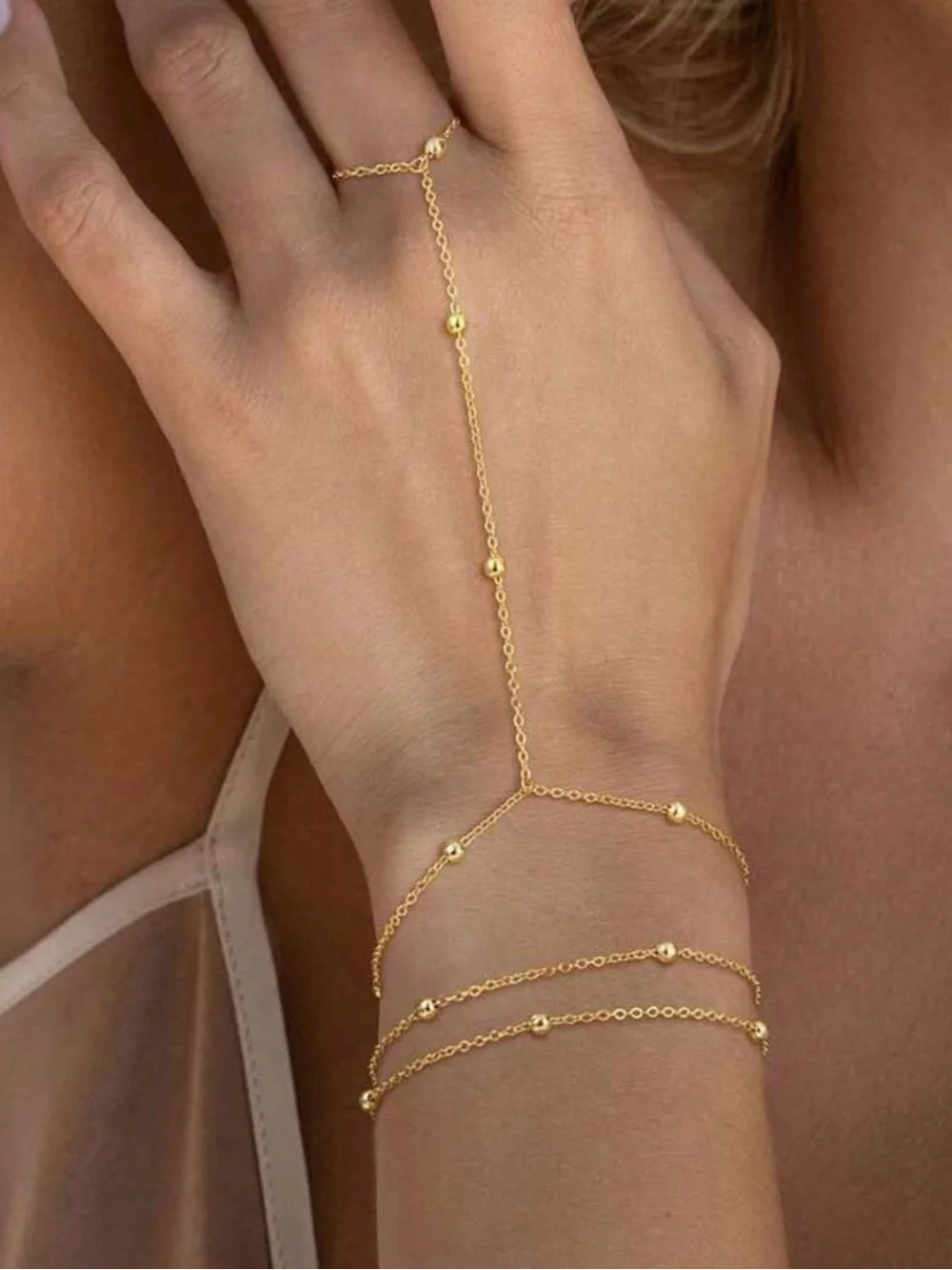 Delicate Gold Hand Chain Bracelet - Minimal Dot Link